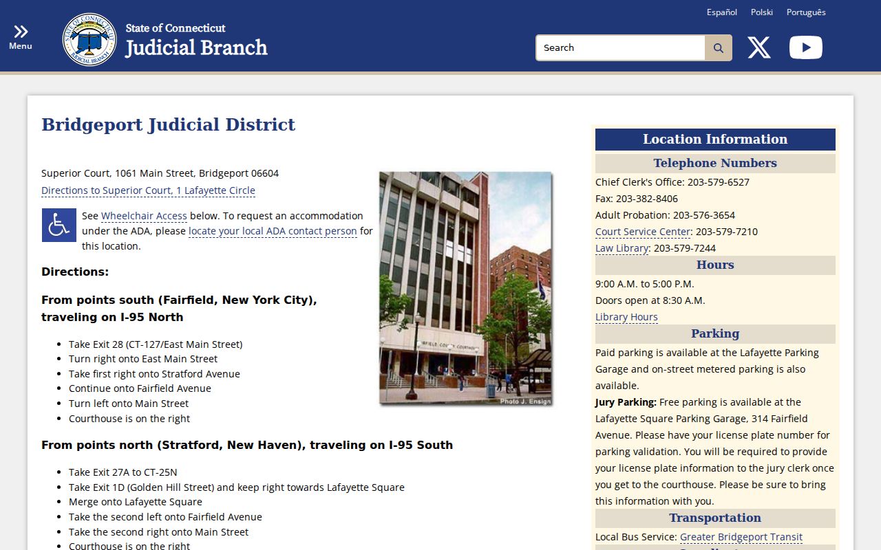 Bridgeport County court records Bridgeport Judicial District courthouse directions