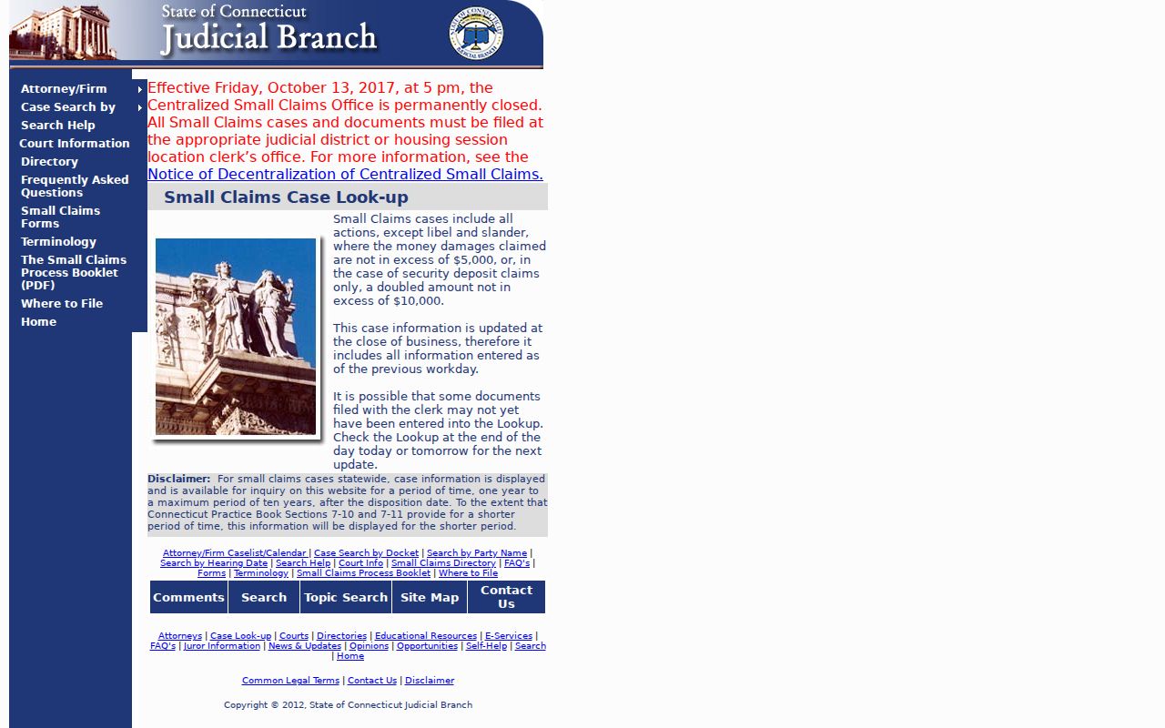Bridgeport County court records Centralized Small Claims Case Lookup