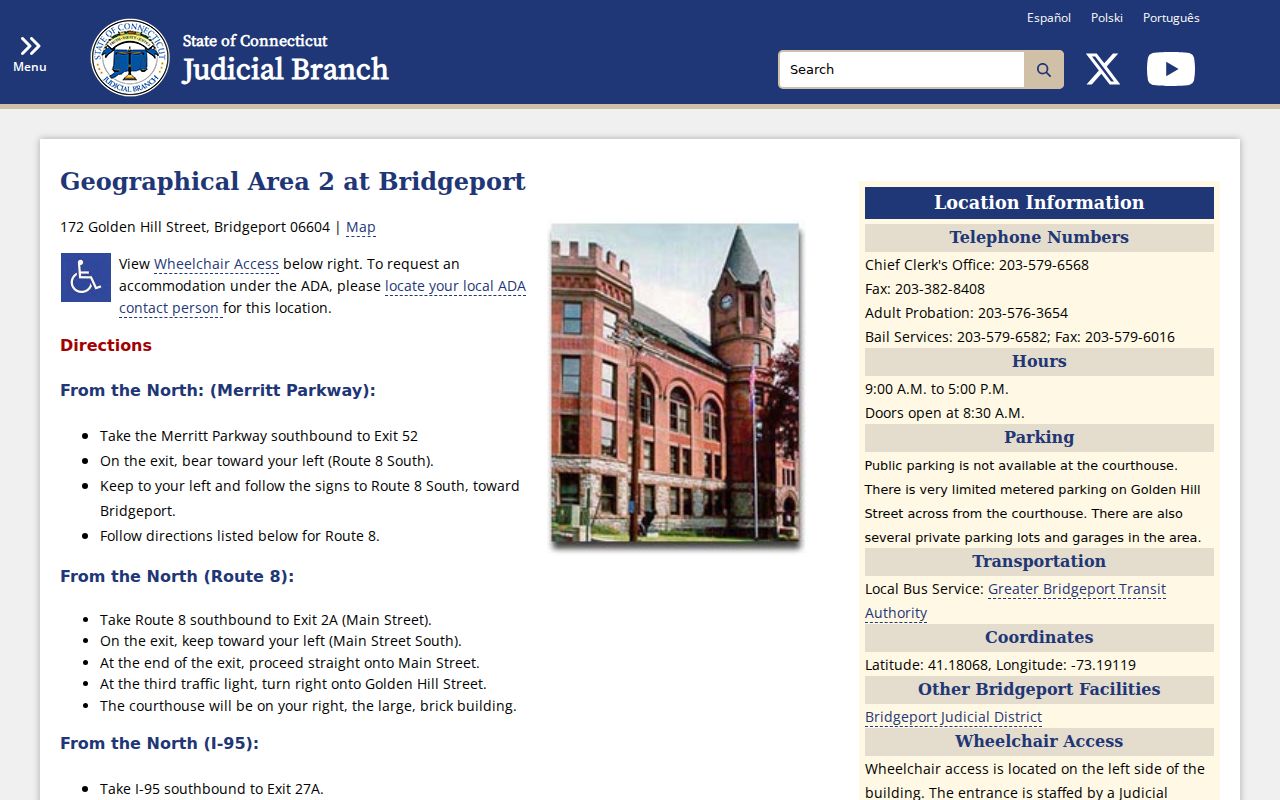 Bridgeport County court records Geographical Area 2 courthouse directions
