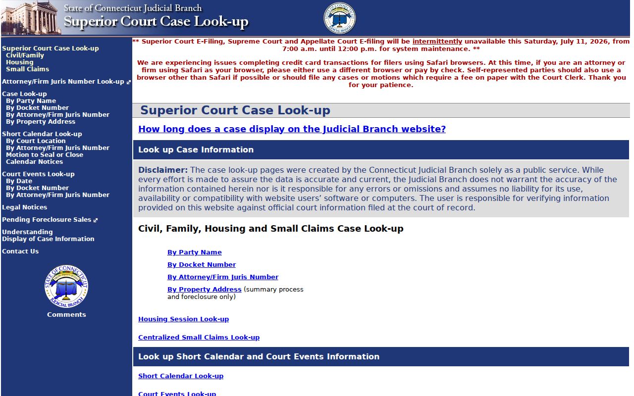 Bridgeport County court records Superior Court civil family housing small claims search
