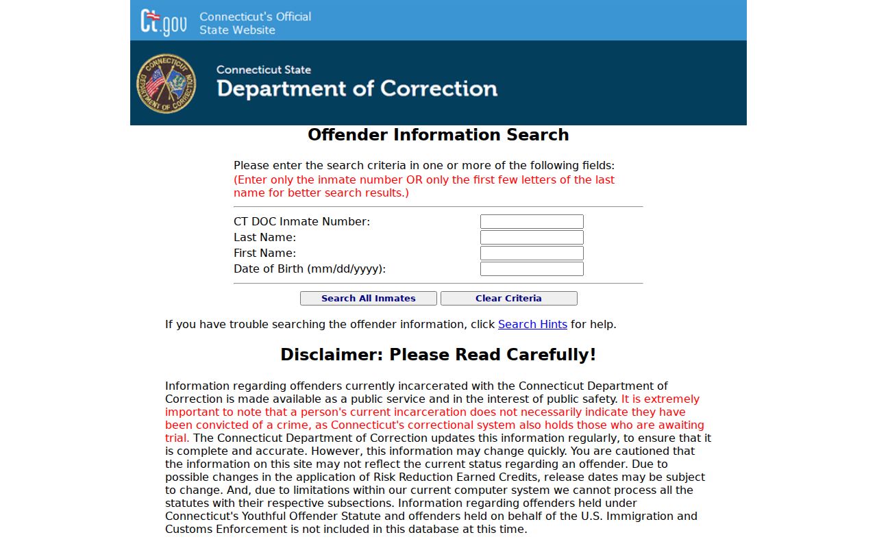 Bridgeport inmate records Connecticut DOC inmate information search
