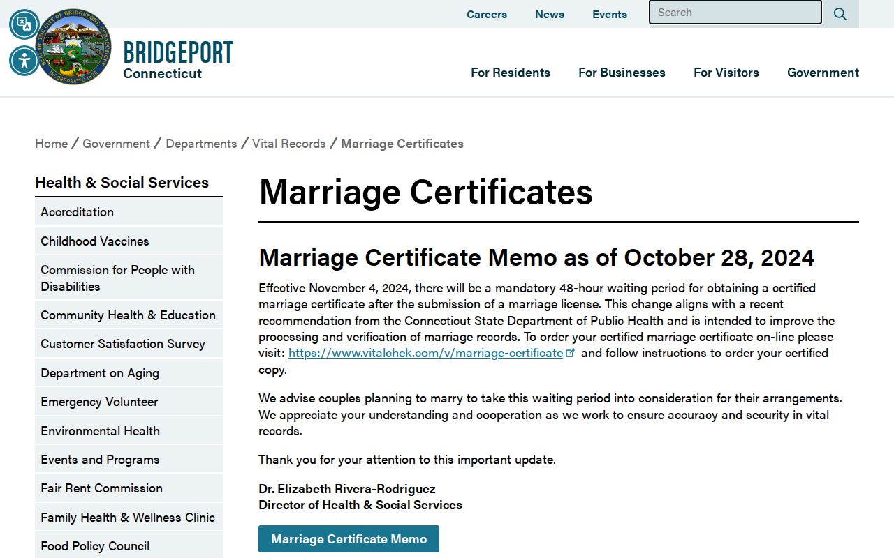 Bridgeport marriage records certificate request page