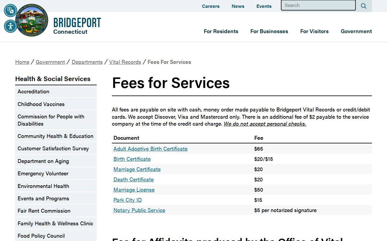 Bridgeport marriage records Vital Records fees page