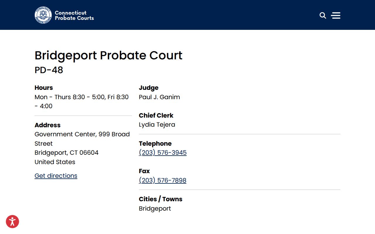 Bridgeport probate records Probate Court contact page