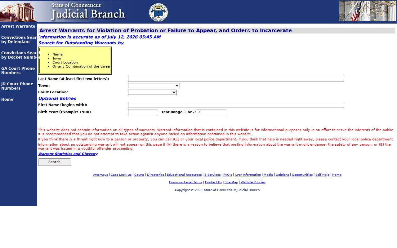 Bridgeport warrant records Connecticut violation of probation search